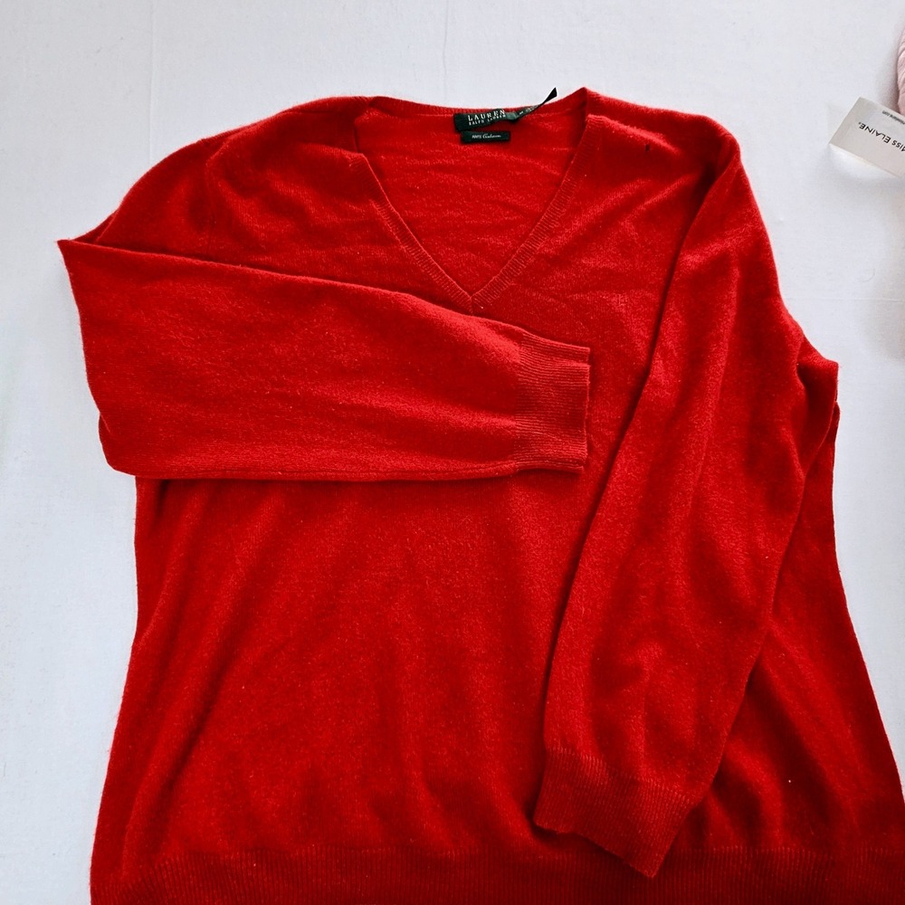 Lauren Ralph Lauren Red 100% Cashmere V-Neck Sweater Womens 3X Long Sleeve